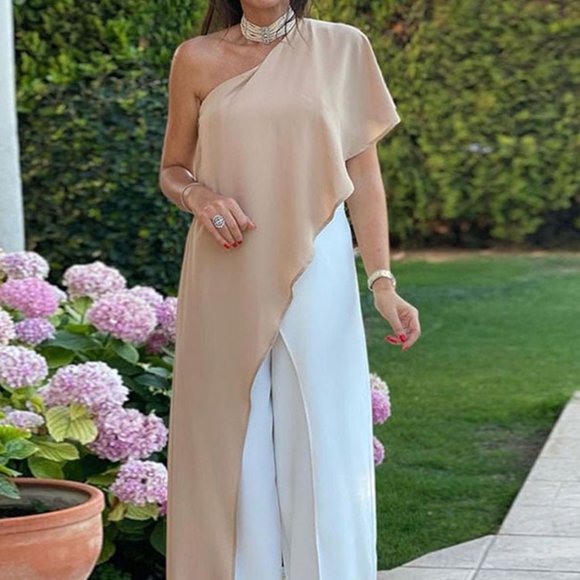 Halter One-Shoulder Jumpsuit Elegant Loose Ruffle Romper - Picture 1 of 4